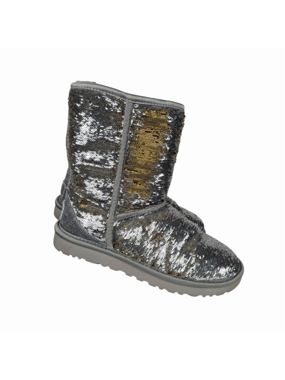 UGG Silver Gold Flip Sequin Classic Short Sparkle Boots Women’s Size 7